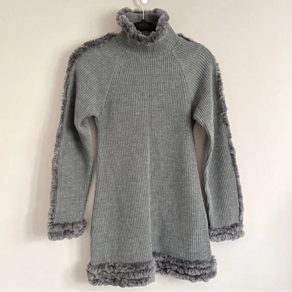 Frett Gray Wool Blend Fur Trimmed Turtleneck Tunic Sweater Mini Dress - S 🇨🇦 - Picture 11 of 13